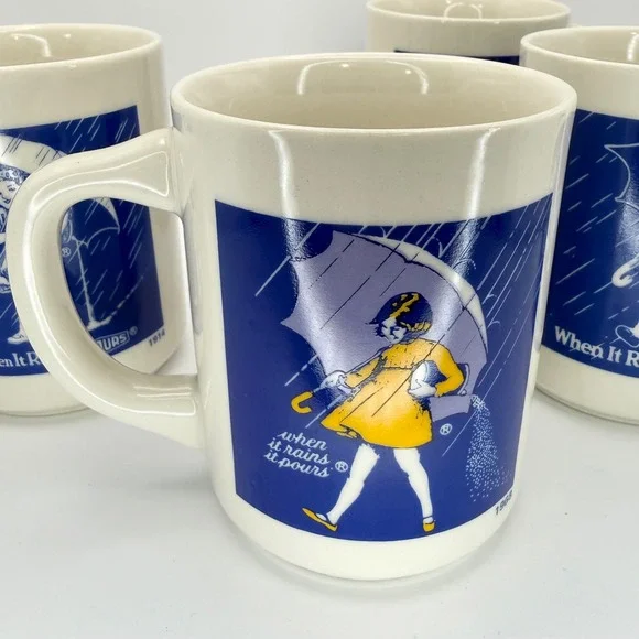 Vintage Morton Salt Girl Coffee Mug Set 4 Historical Logos 1914-1968 Cream Blue - Picture 5 of 8